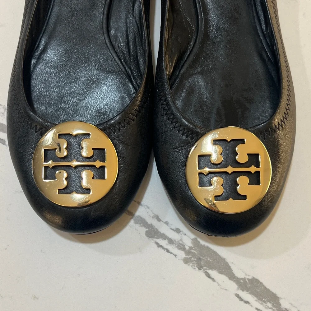 Tory Burch Reva leather Ballet Black Flats with Gold Logo size 8M